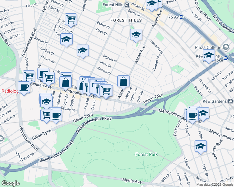 map of restaurants, bars, coffee shops, grocery stores, and more near 106-15 Metropolitan Avenue in Queens