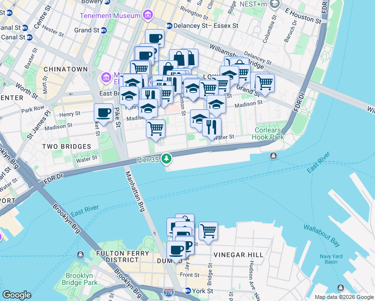 map of restaurants, bars, coffee shops, grocery stores, and more near South St & Clinton St in New York