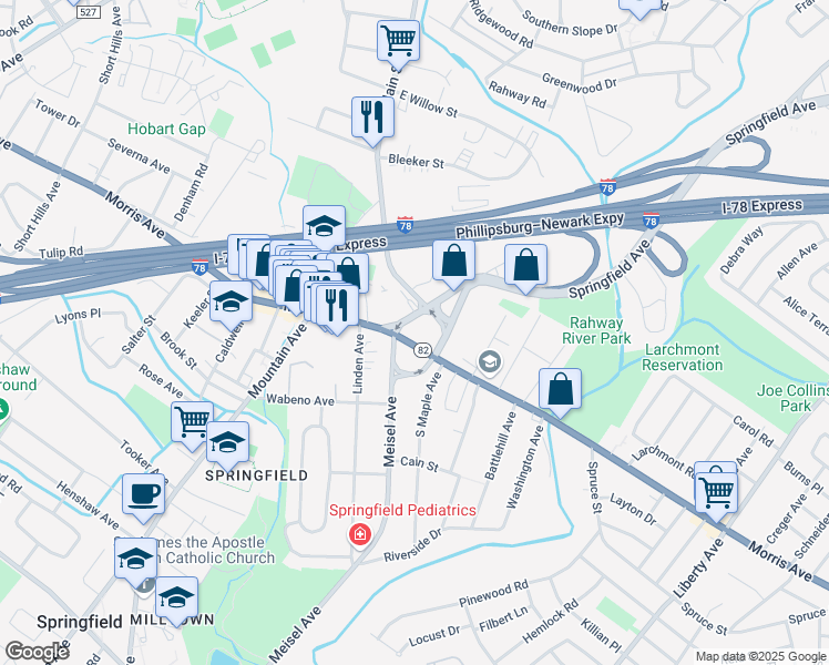 map of restaurants, bars, coffee shops, grocery stores, and more near 125 Morris Avenue in Springfield