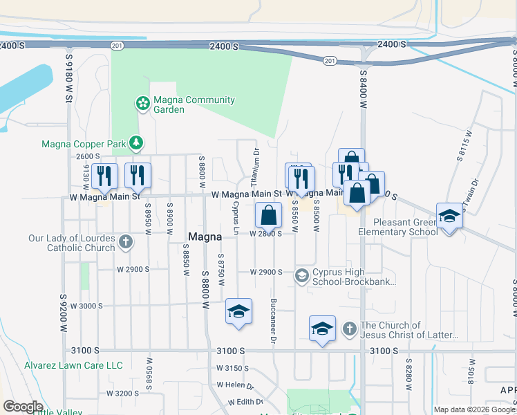 map of restaurants, bars, coffee shops, grocery stores, and more near 2733 South 8650 West in Magna