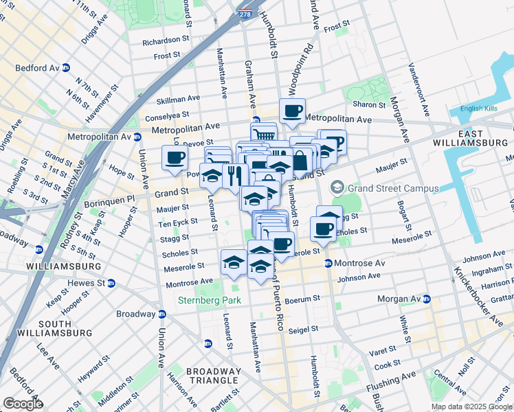 map of restaurants, bars, coffee shops, grocery stores, and more near 229 Graham Avenue in Brooklyn