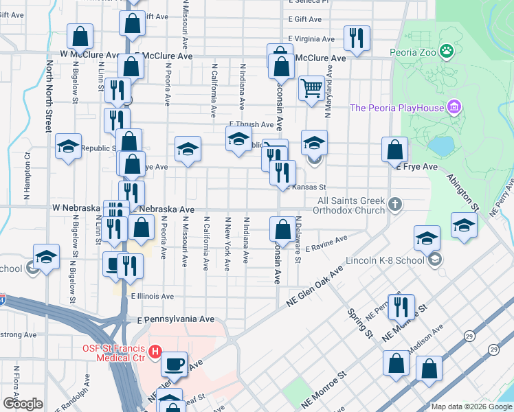 map of restaurants, bars, coffee shops, grocery stores, and more near 702 East Nebraska Avenue in Peoria