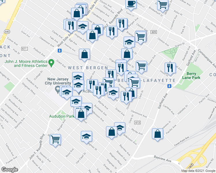 map of restaurants, bars, coffee shops, grocery stores, and more near 165 Claremont Avenue in Jersey City