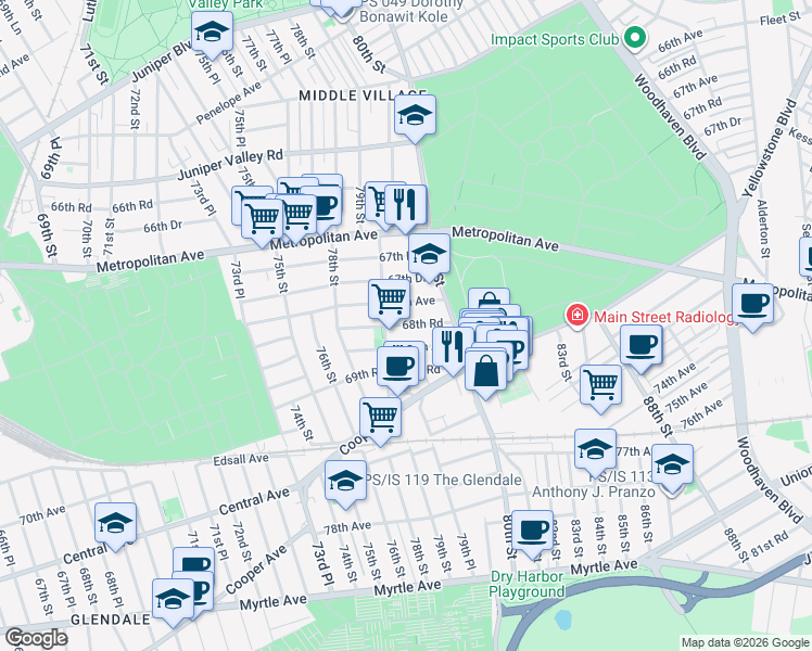 map of restaurants, bars, coffee shops, grocery stores, and more near 79-33 69th Avenue in Queens