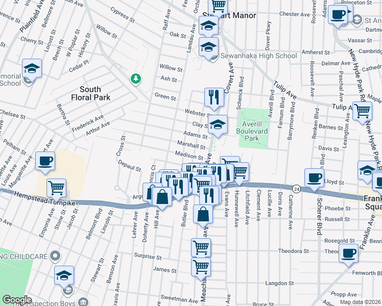 map of restaurants, bars, coffee shops, grocery stores, and more near 1 Crest Avenue in Elmont