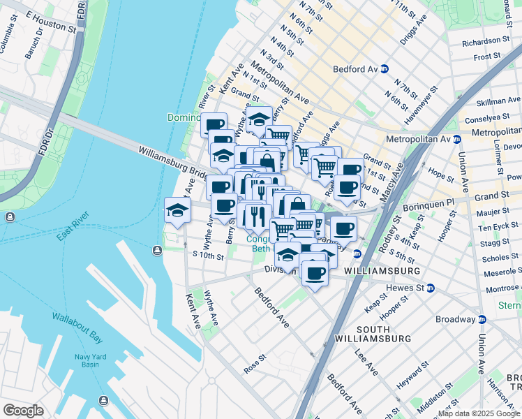 map of restaurants, bars, coffee shops, grocery stores, and more near Bedford Ave & S 6th St in Brooklyn