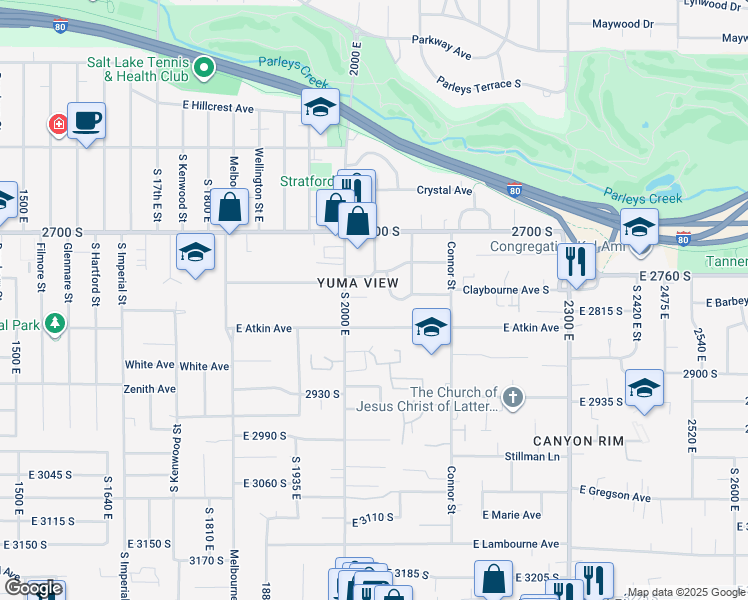 map of restaurants, bars, coffee shops, grocery stores, and more near 2036 Highland View Circle in Salt Lake City
