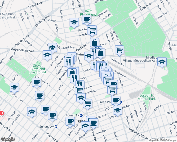 map of restaurants, bars, coffee shops, grocery stores, and more near 6353 60th Place in Queens