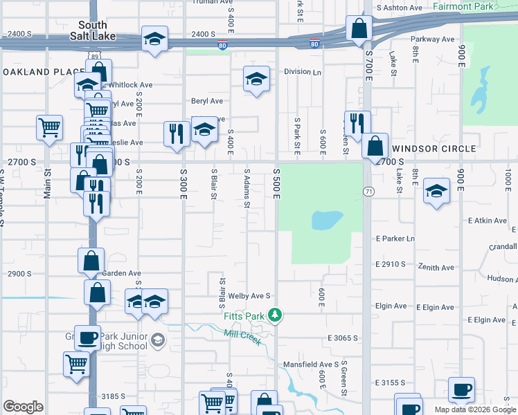 map of restaurants, bars, coffee shops, grocery stores, and more near 2816 500 East in South Salt Lake