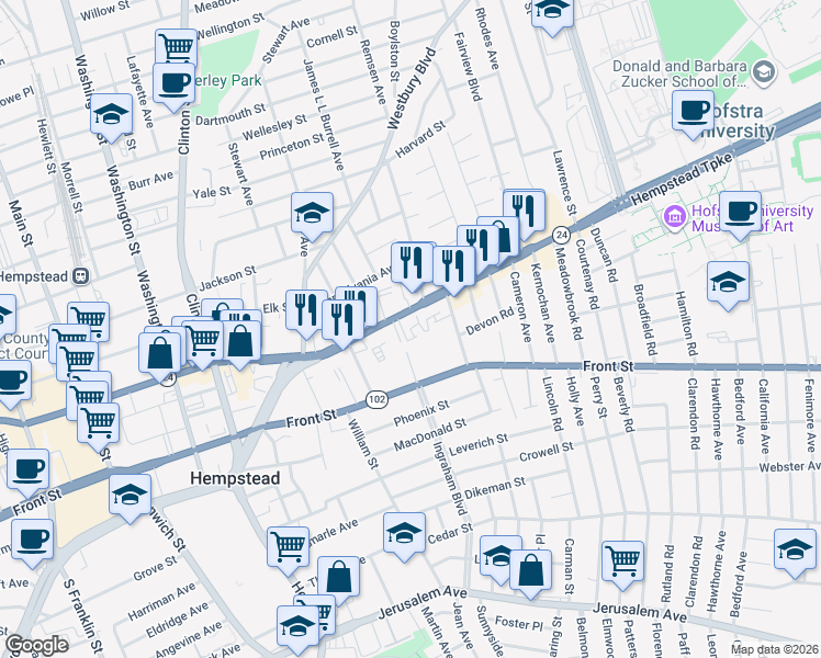map of restaurants, bars, coffee shops, grocery stores, and more near 37 Ingraham Lane in Hempstead