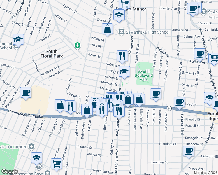 map of restaurants, bars, coffee shops, grocery stores, and more near 1 Crest Avenue in Elmont