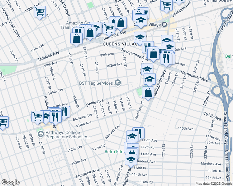 map of restaurants, bars, coffee shops, grocery stores, and more near 215-02 Hollis Avenue in Queens