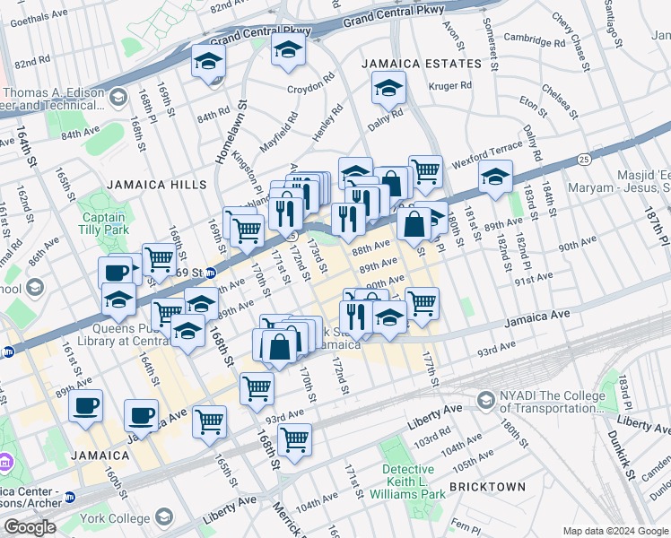 map of restaurants, bars, coffee shops, grocery stores, and more near 1732A 89th Avenue in Queens