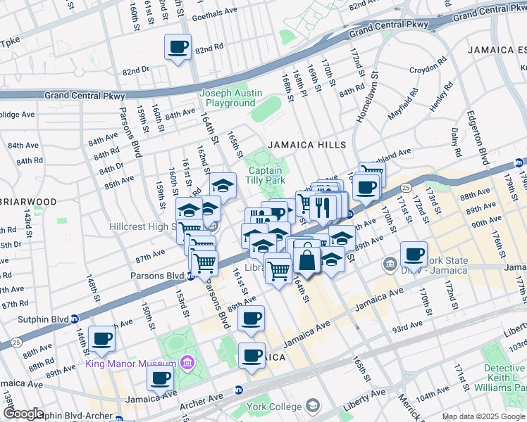 map of restaurants, bars, coffee shops, grocery stores, and more near 87-26 165th Street in Queens
