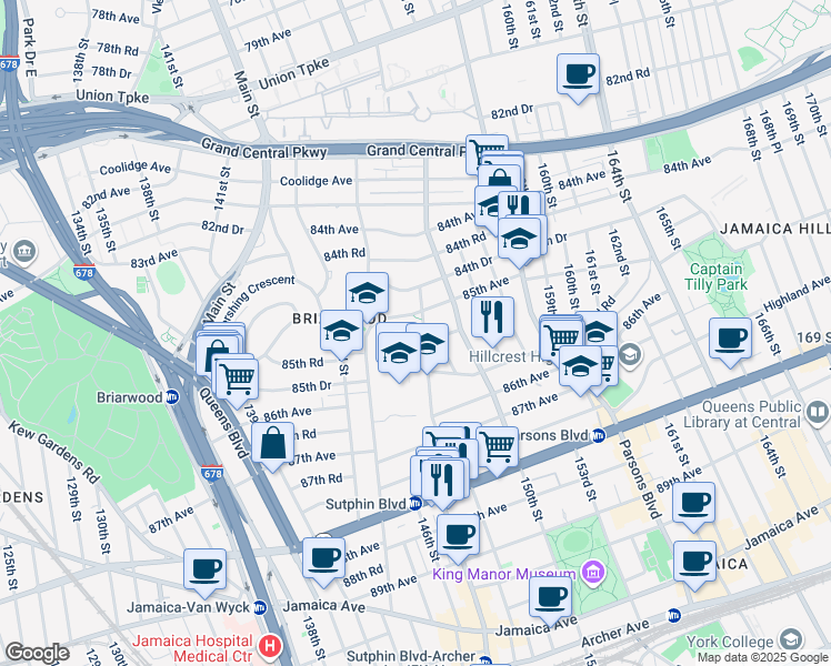 map of restaurants, bars, coffee shops, grocery stores, and more near 85-26 148th Street in Queens