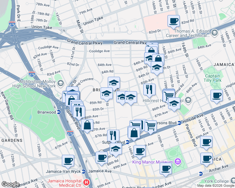 map of restaurants, bars, coffee shops, grocery stores, and more near 85-05 144th Street in Queens