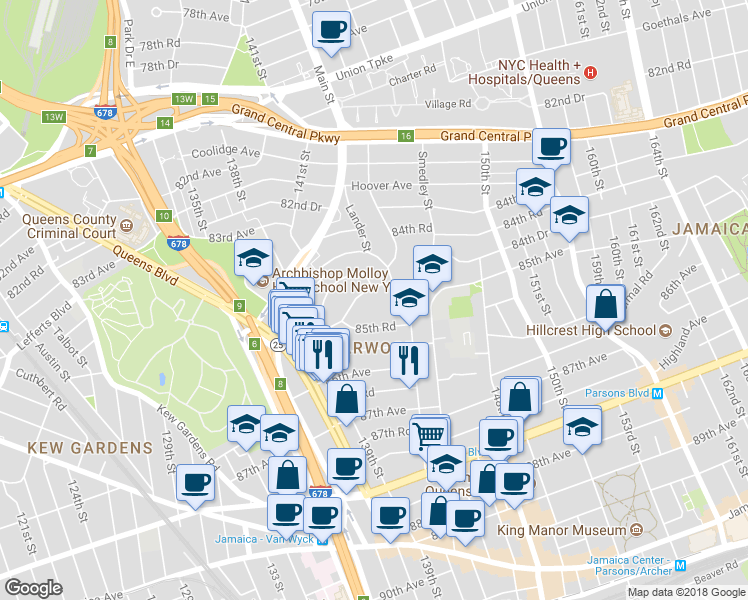 map of restaurants, bars, coffee shops, grocery stores, and more near 141-41 85th Road in Queens