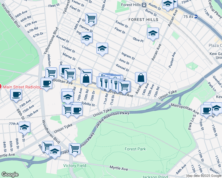 map of restaurants, bars, coffee shops, grocery stores, and more near 103-14 Metropolitan Avenue in Queens