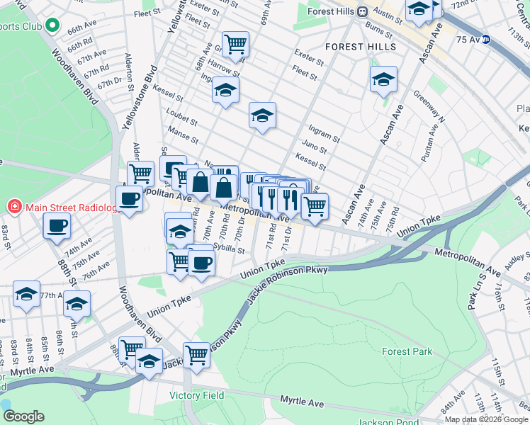 map of restaurants, bars, coffee shops, grocery stores, and more near 101-19 Metropolitan Avenue in Queens