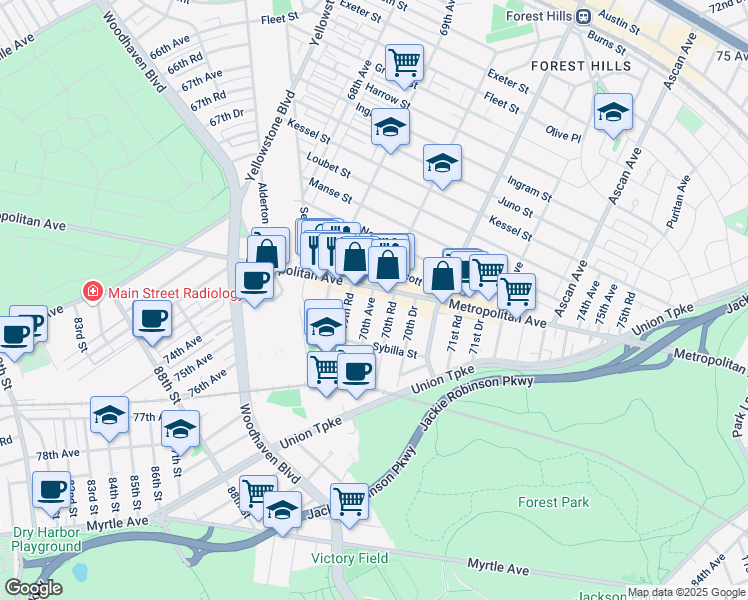 map of restaurants, bars, coffee shops, grocery stores, and more near 89-31 70th Avenue in Queens