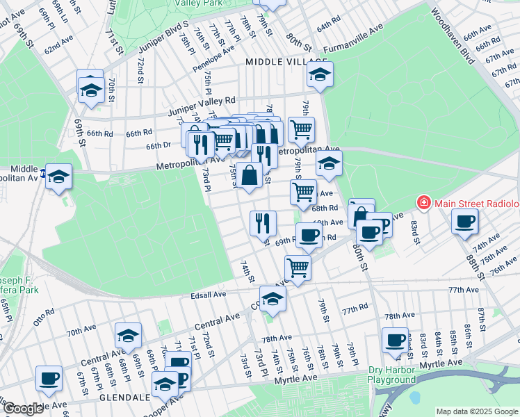 map of restaurants, bars, coffee shops, grocery stores, and more near 68-30 76th Street in Queens
