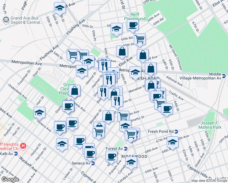 map of restaurants, bars, coffee shops, grocery stores, and more near 63-24 Forest Avenue in Queens