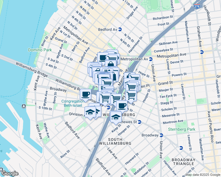 map of restaurants, bars, coffee shops, grocery stores, and more near 253 South 4th Street in Brooklyn