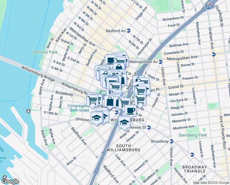 map of restaurants, bars, coffee shops, grocery stores, and more near 253 South 4th Street in Brooklyn