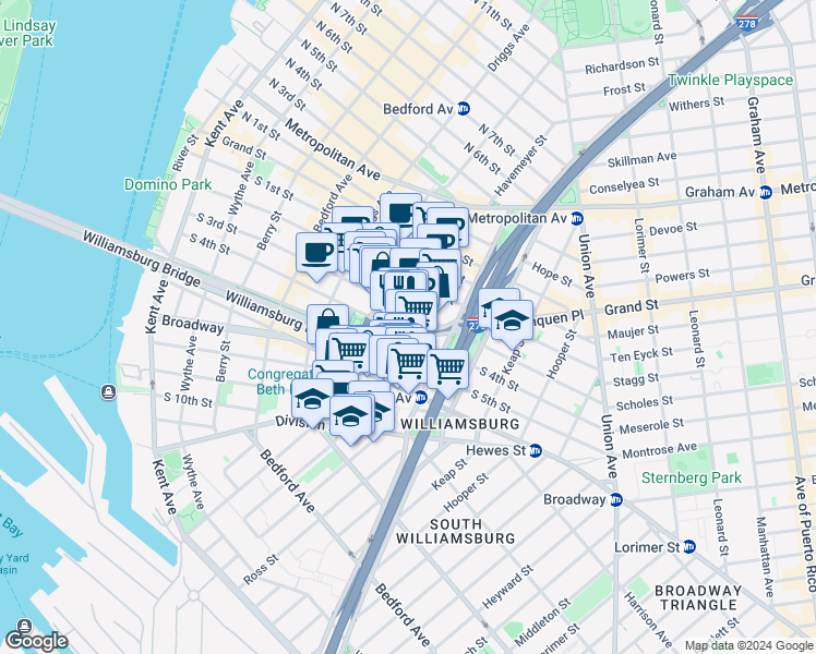 map of restaurants, bars, coffee shops, grocery stores, and more near 217 Havemeyer Street in Brooklyn