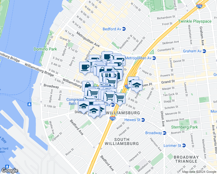 map of restaurants, bars, coffee shops, grocery stores, and more near 217 Havemeyer Street in Brooklyn