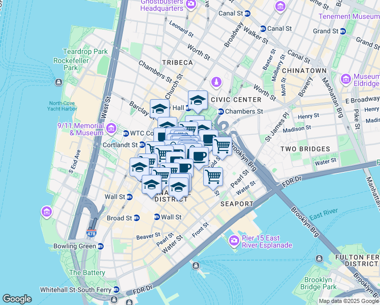map of restaurants, bars, coffee shops, grocery stores, and more near 119 Fulton Street in New York