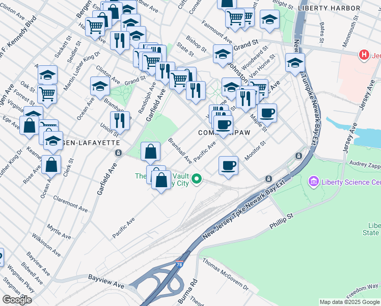 map of restaurants, bars, coffee shops, grocery stores, and more near 225 Pacific Avenue in Jersey City