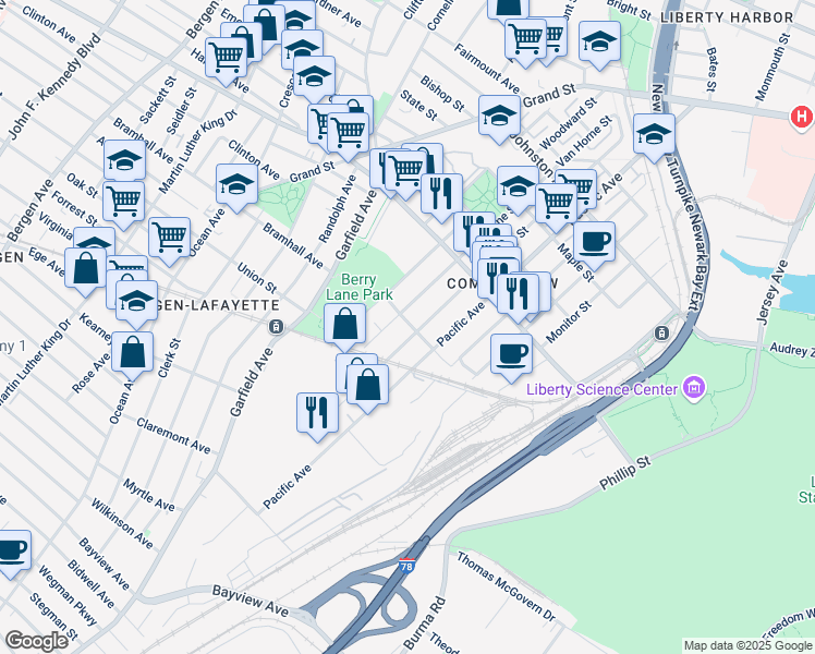 map of restaurants, bars, coffee shops, grocery stores, and more near 225 Pacific Avenue in Jersey City
