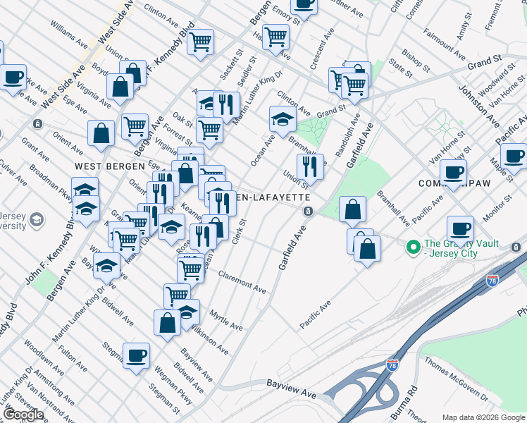 map of restaurants, bars, coffee shops, grocery stores, and more near 190 Clerk Street in Jersey City