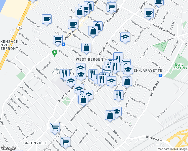 map of restaurants, bars, coffee shops, grocery stores, and more near 114 Grant Avenue in Jersey City