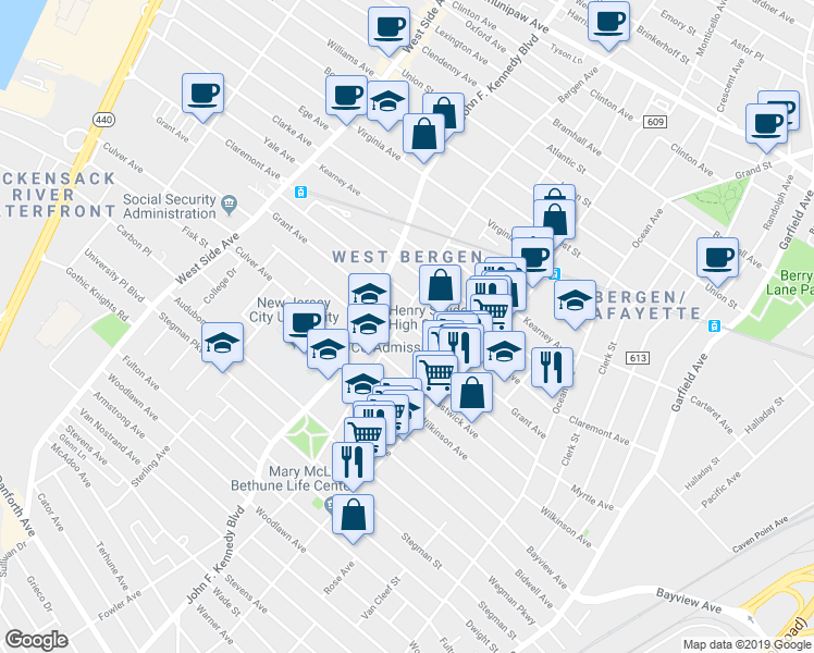 map of restaurants, bars, coffee shops, grocery stores, and more near 232 Bergen Avenue in Jersey City