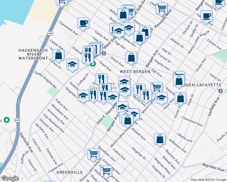 map of restaurants, bars, coffee shops, grocery stores, and more near 2039 John F. Kennedy Boulevard in Jersey City