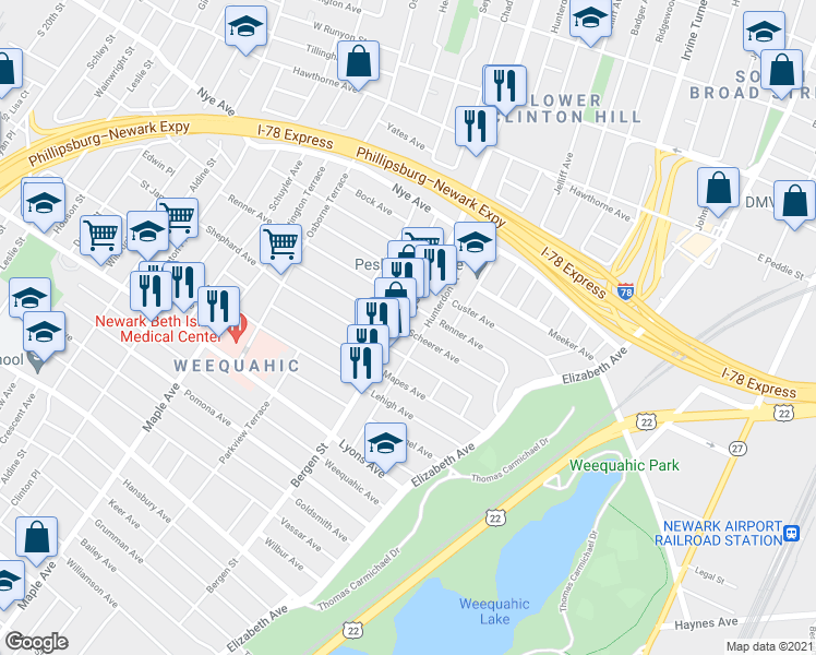 map of restaurants, bars, coffee shops, grocery stores, and more near 996 Bergen Street in Newark