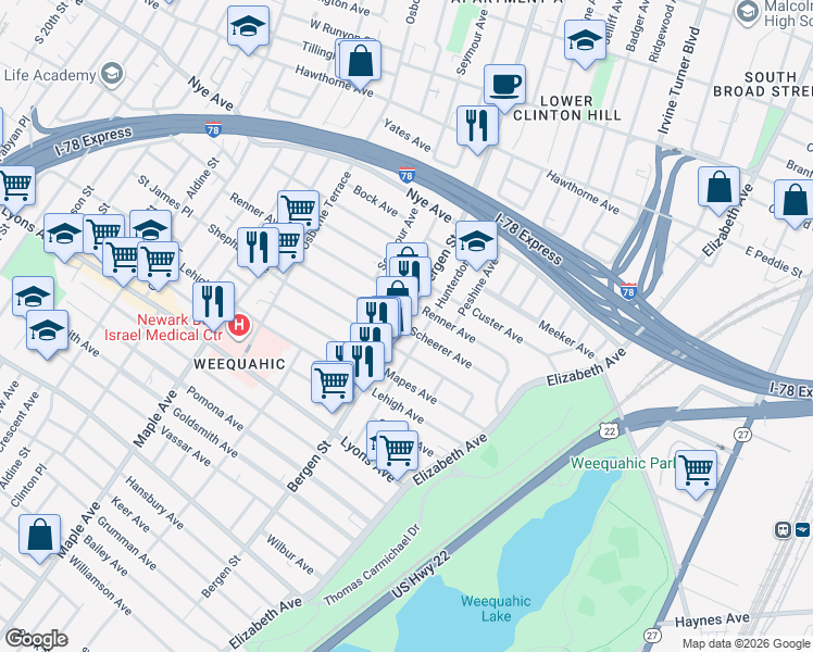 map of restaurants, bars, coffee shops, grocery stores, and more near 996 Bergen Street in Newark