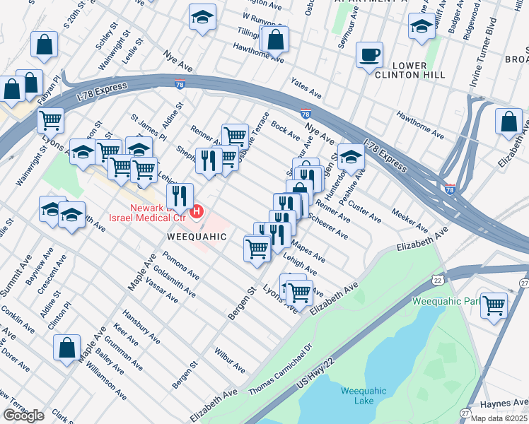 map of restaurants, bars, coffee shops, grocery stores, and more near 123 Mapes Avenue in Newark