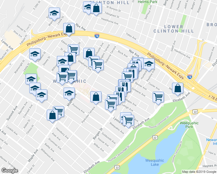 map of restaurants, bars, coffee shops, grocery stores, and more near 155 Lehigh Avenue in Newark