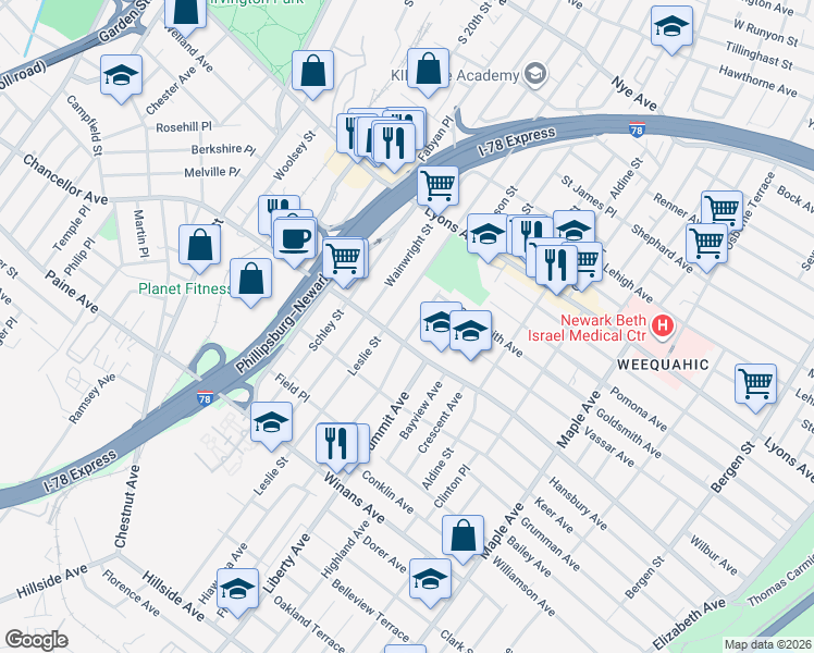 map of restaurants, bars, coffee shops, grocery stores, and more near 364 Chancellor Avenue in Newark