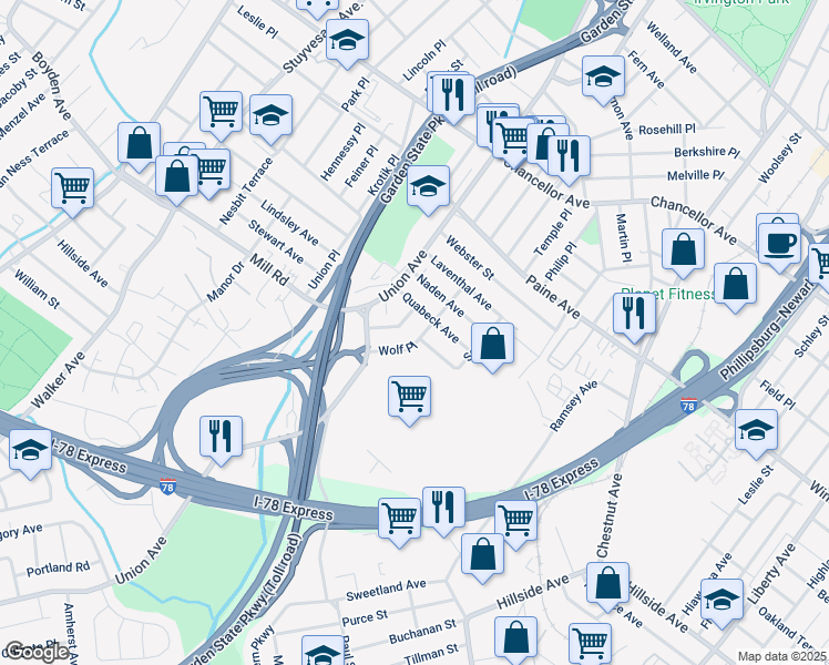 map of restaurants, bars, coffee shops, grocery stores, and more near 37 Young Avenue in Hillside