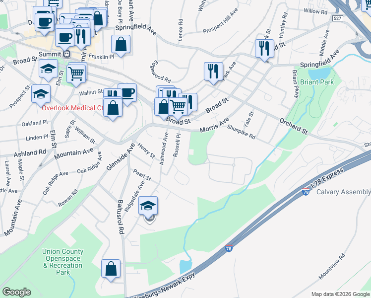 map of restaurants, bars, coffee shops, grocery stores, and more near 19 Morris Court in Summit