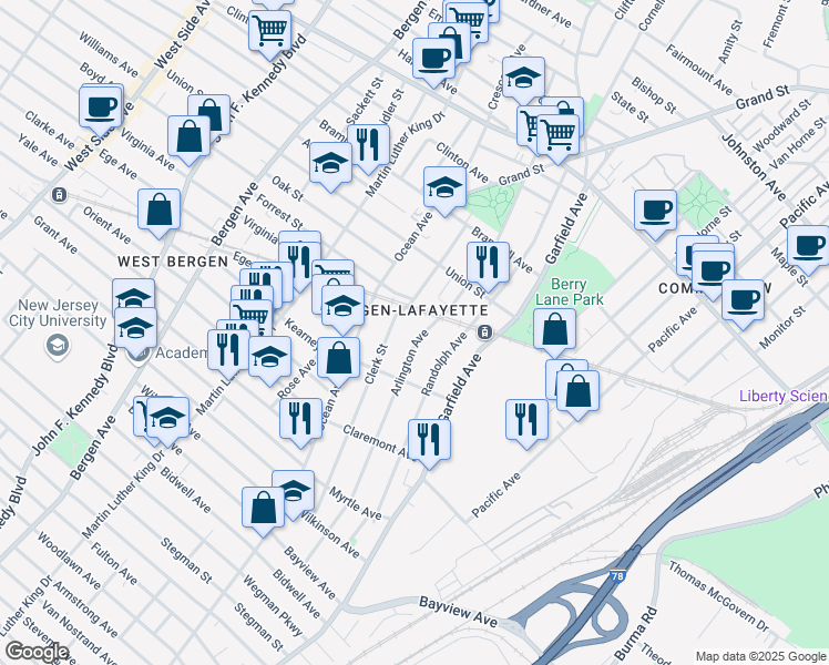map of restaurants, bars, coffee shops, grocery stores, and more near 190 Clerk Street in Jersey City