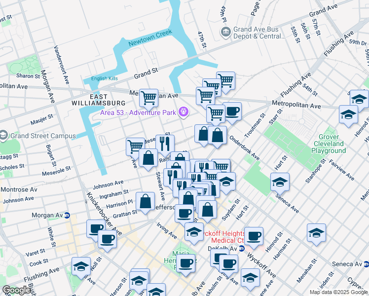 map of restaurants, bars, coffee shops, grocery stores, and more near 75 Scott Avenue in Brooklyn