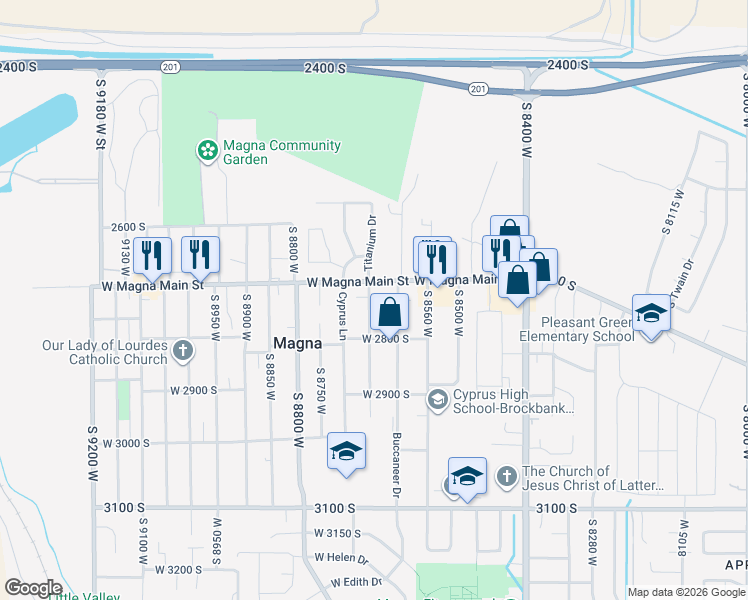 map of restaurants, bars, coffee shops, grocery stores, and more near 2733 South 8650 West in Magna