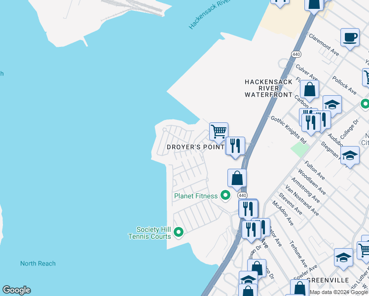 map of restaurants, bars, coffee shops, grocery stores, and more near 3 Atlas Court in Jersey City