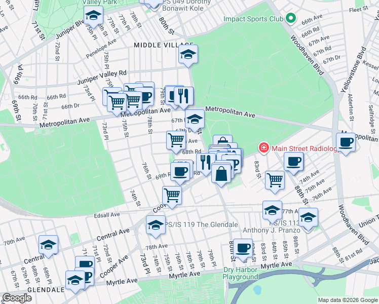 map of restaurants, bars, coffee shops, grocery stores, and more near 79-33 69th Avenue in Queens