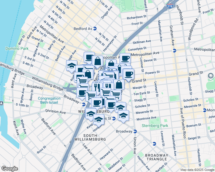 map of restaurants, bars, coffee shops, grocery stores, and more near 325 South 3rd Street in Brooklyn